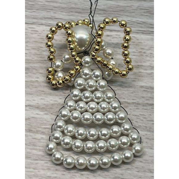 Beaded Angel Christmas Tree Ornament Vintage Handmade White and Gold 2.5" Tall - Picture 2 of 4